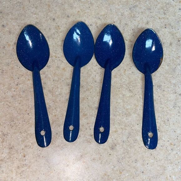 Vintage White And Blue Speckled Enamelware Spoons Four Piece - Picture 2 of 8